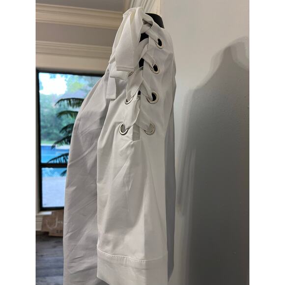 New York &Co White Top Off Shoulder Tie Sleeves Sz XS Sailor Nautical Beach NWT - Picture 7 of 8